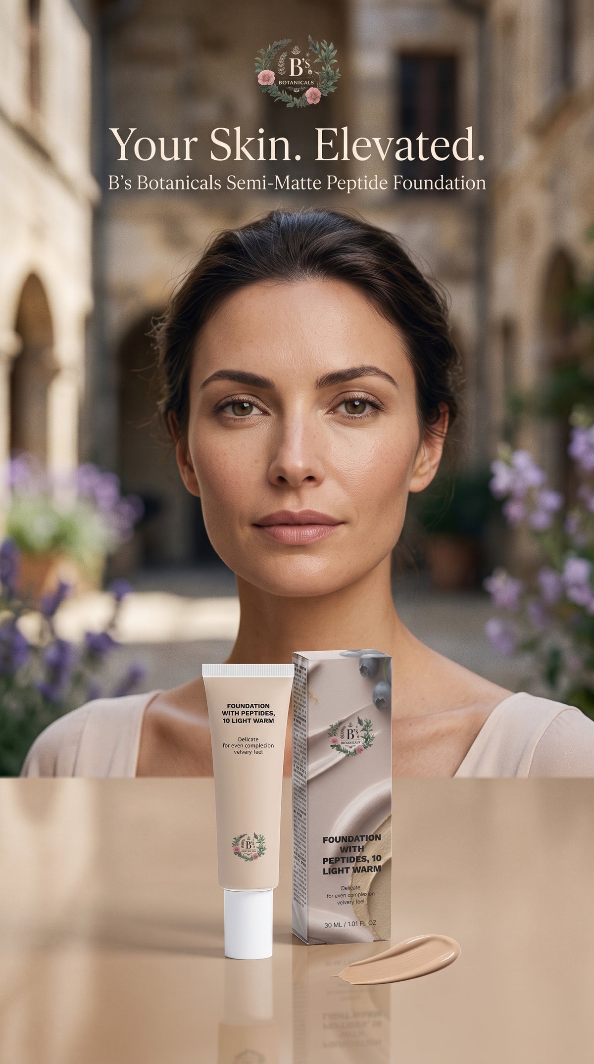 Peptide and hyaluronic acid foundation in 10 Light Warm with a soft semi-matte finish
