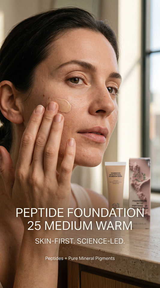 Woman applying 25 Medium Warm Peptide Foundation, showing a natural-looking even complexion with a soft semi-matte finish.