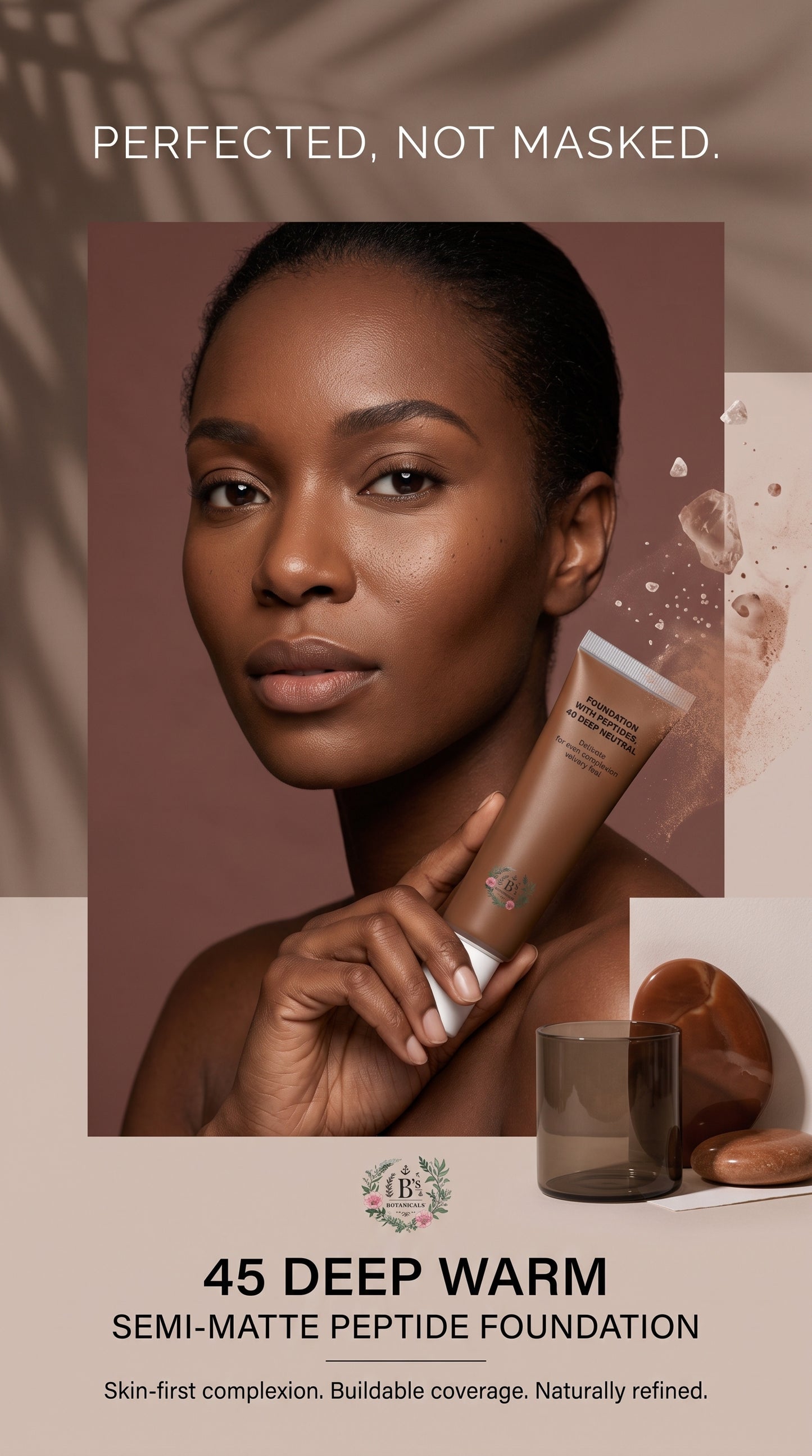 Buildable foundation for deep warm complexions with refined natural-looking coverage.