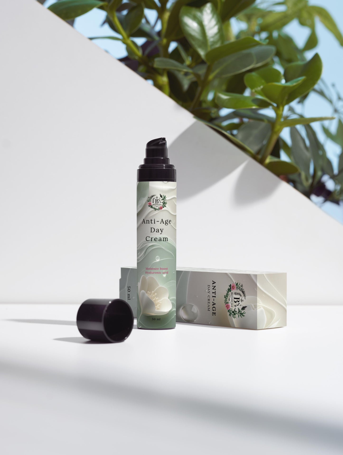 Anti-age day cream with botanical extracts and hyaluronic acid displayed in elegant skincare packaging, formulated to hydrate skin, improve elasticity, and reduce the appearance of fine lines for a youthful glow.