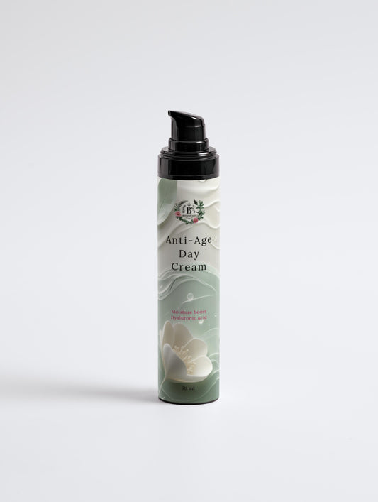 Anti-age day cream bottle with floral design on a white background