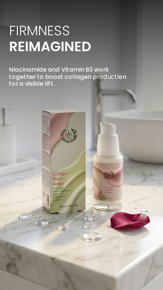 Collagen Boost Serum by B’s Botanicals promoting firmer, smoother and more youthful-looking skin with deep hydration and enhanced elasticity for a radiant glow.