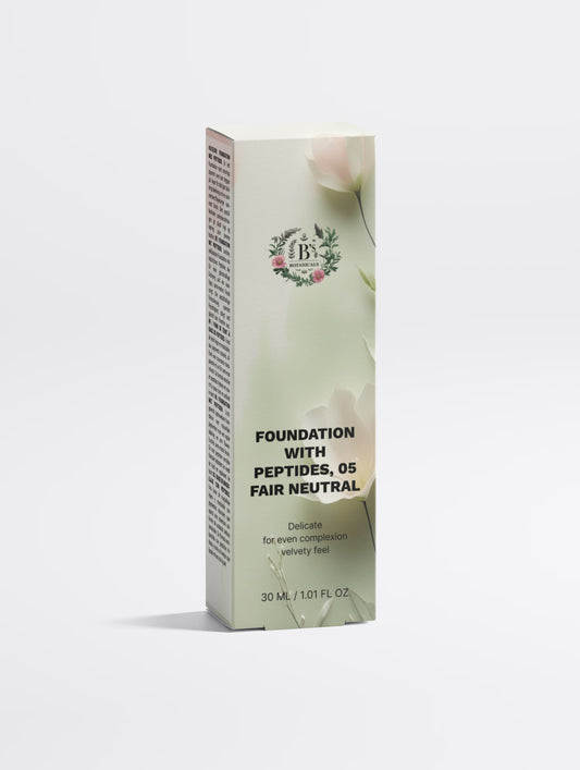 A tall rectangular cosmetic box for a foundation product, shown upright on a light gray studio background. The box is mostly white with soft pale green floral imagery and black text reading 'FOUNDATION WITH PEPTIDES, O5 FAIR NEUTRAL.