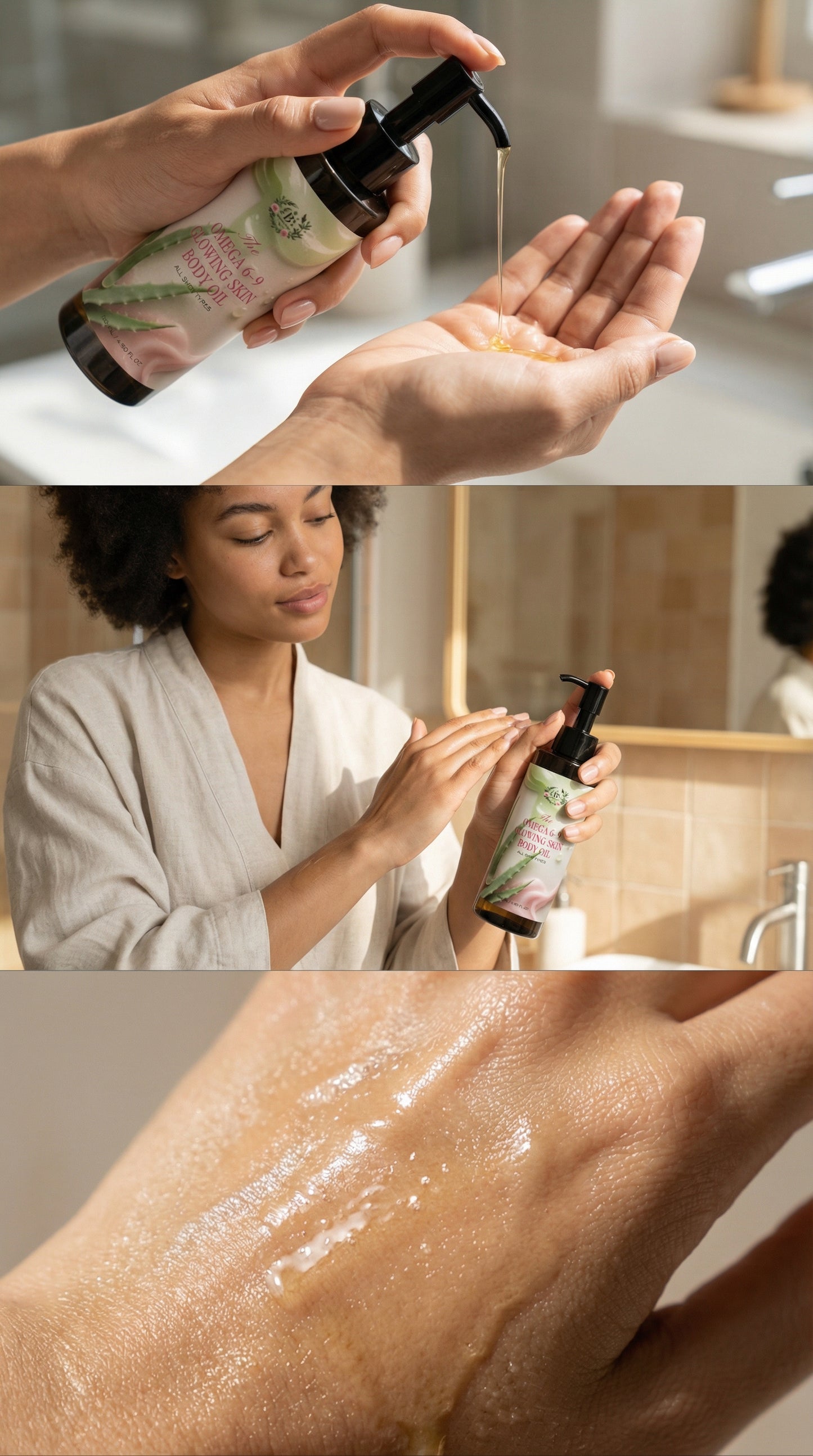Person applying a skincare product to their hand, then using it on their skin in a bathroom setting.