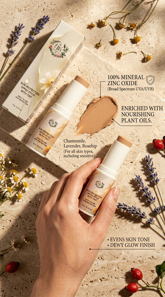 Cosmetic product with a hand holding it, surrounded by flowers and natural elements on a textured surface.