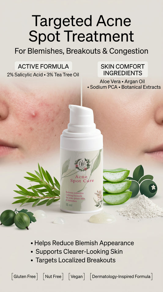 Acne spot treatment product with ingredients and benefits on a white background