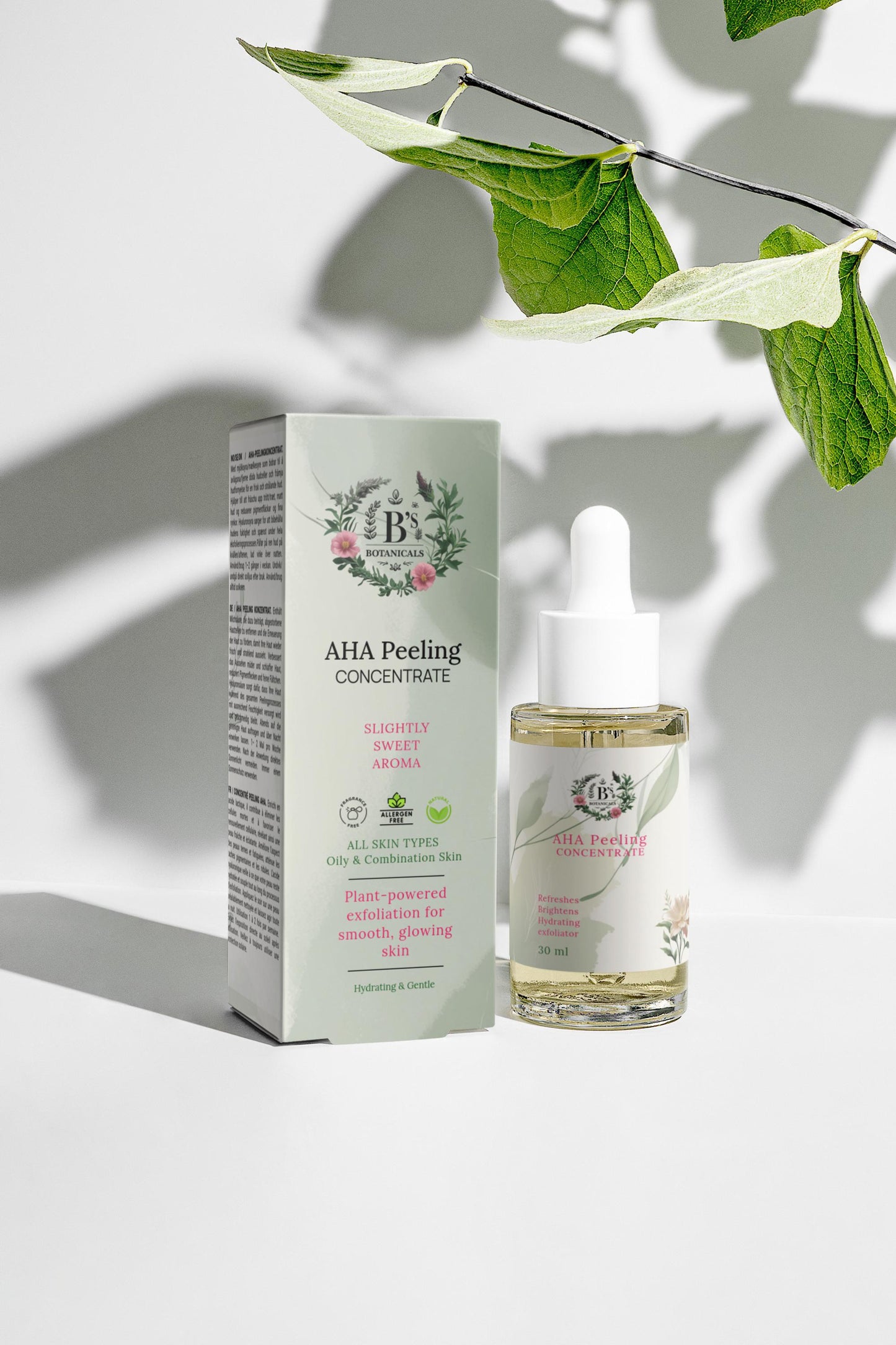 AHA Peeling Concentrate bottle and packaging with green leaves on a light background