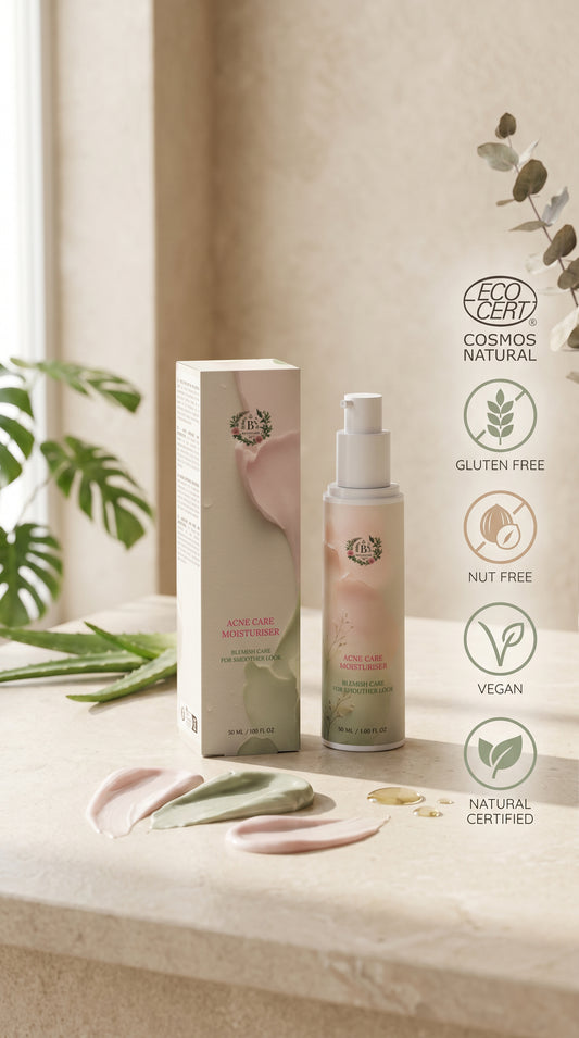 Blemish Care Moisturiser for acne-prone and oily skin by BS Botanicals, lightweight vegan face cream for clearer, smoother-looking skin