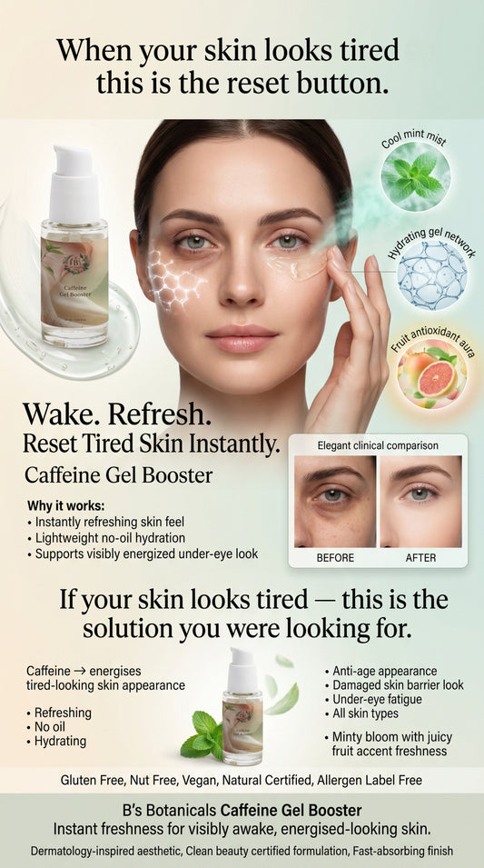 Caffeine gel booster for reducing under-eye puffiness, dark circles, and visible signs of tired-looking skin with lightweight hydration