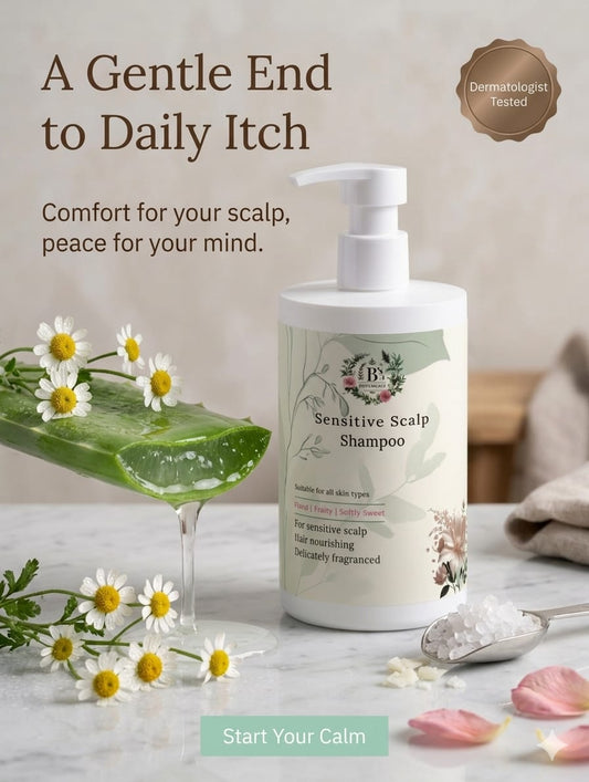 Natural certified sensitive scalp shampoo with vegan formula, helping soothe itchy scalp and provide lightweight, non-irritating hair cleansing