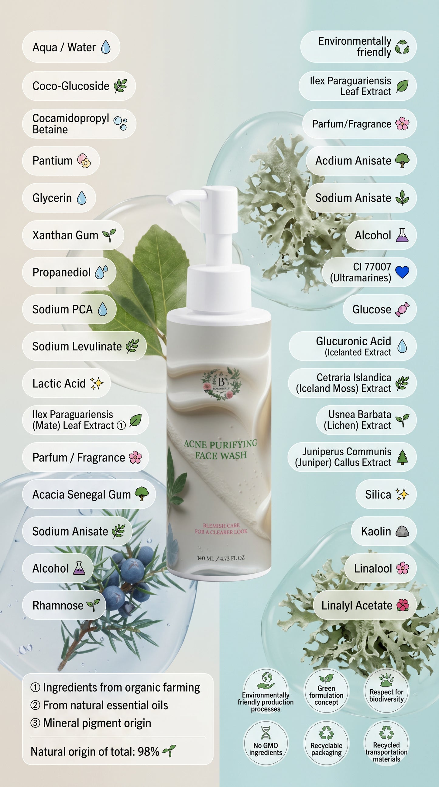 Luxury clean beauty skincare advertisement for a botanical gel cleanser featuring full INCI ingredient list including Aqua, Coco-Glucoside, Glycerin, Sodium PCA, Mate Leaf Extract, Iceland Moss Extract, Juniper Extract, Kaolin, and Silica, highlighting 98% natural origin, vegan formula, eco-certified sustainable skincare, recyclable packaging, and environmentally responsible production.