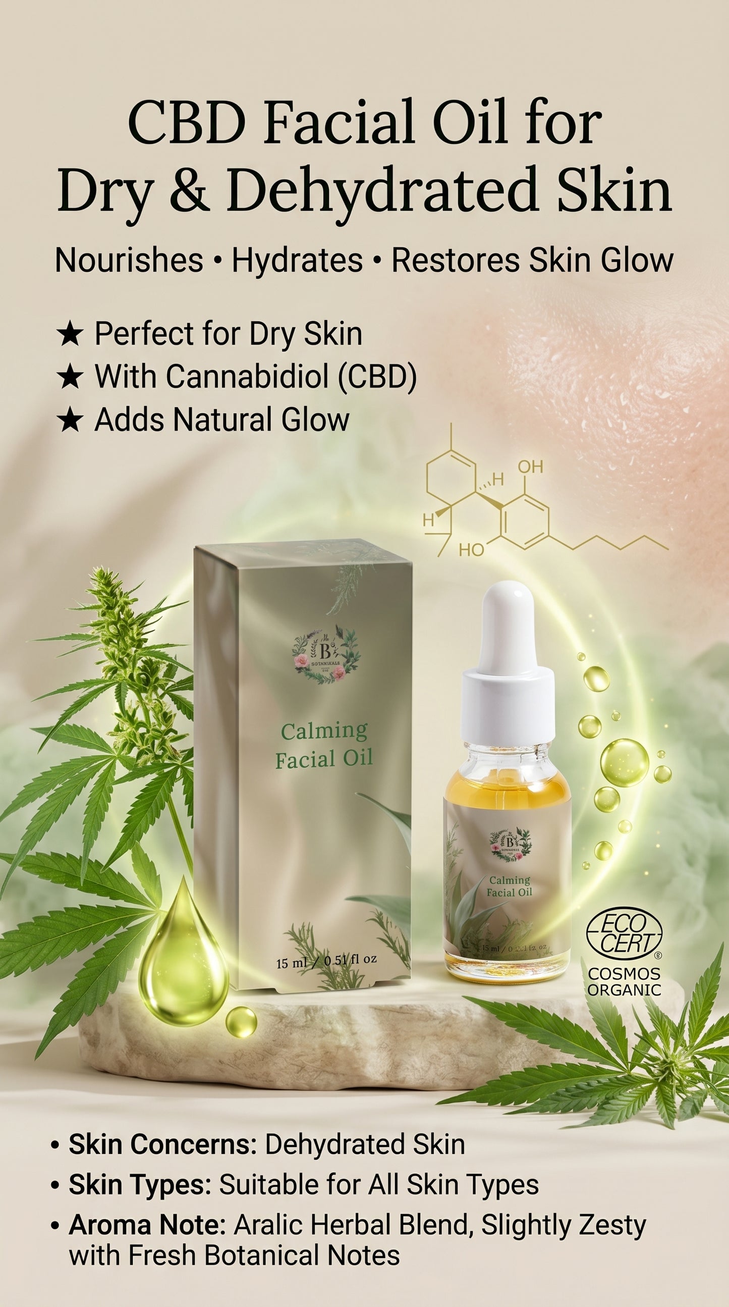 CBD Facial Oil packaging with oil droplet graphics and cannabis plant on a beige background