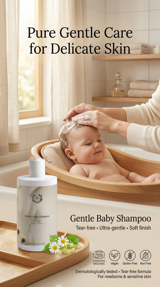 Baby being bathed with a bottle of gentle baby shampoo in a bathroom setting.