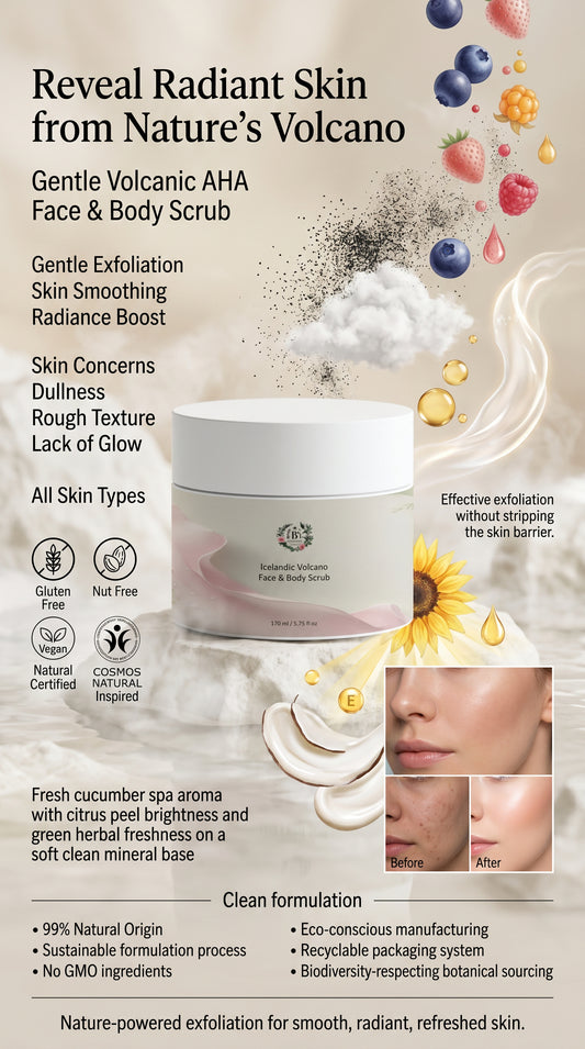 Product packaging for a Gentle Volcanic AHA Face & Body Scrub with ingredients and benefits listed.