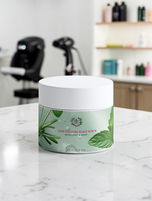 Jar of Deep Cleanse Scalp Scrub with rosemary and mint for refreshing and exfoliating scalp care.