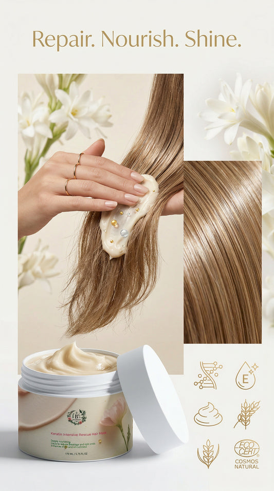 Keratin Intensive Rescue Hair Mask repairing dry, damaged hair, reducing split ends and breakage, leaving hair smooth, shiny, and nourished.