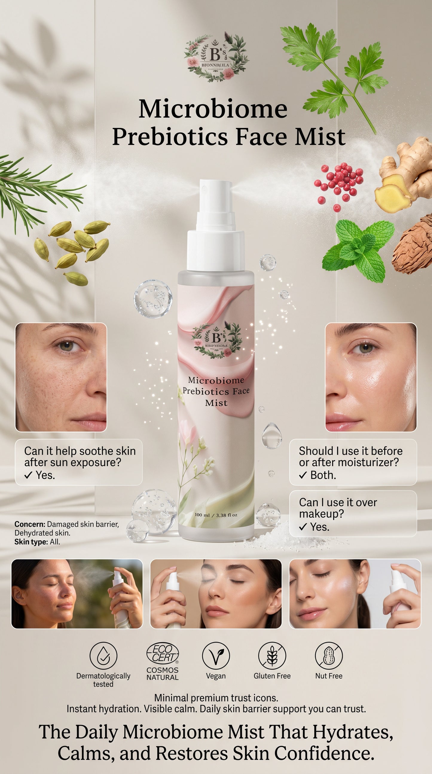Clean skincare facial mist spray gluten free and nut free suitable for sensitive skin