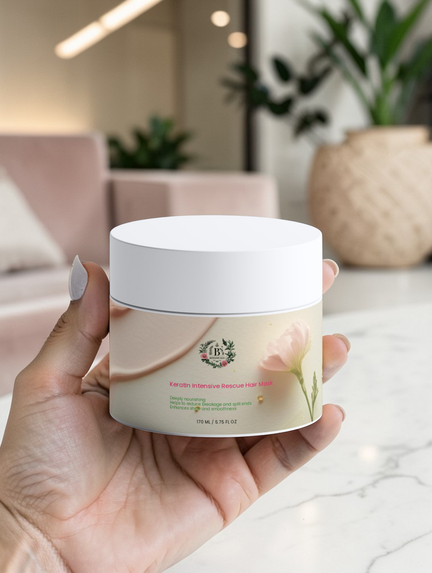 Hand holding a jar of skincare product with a blurred indoor background