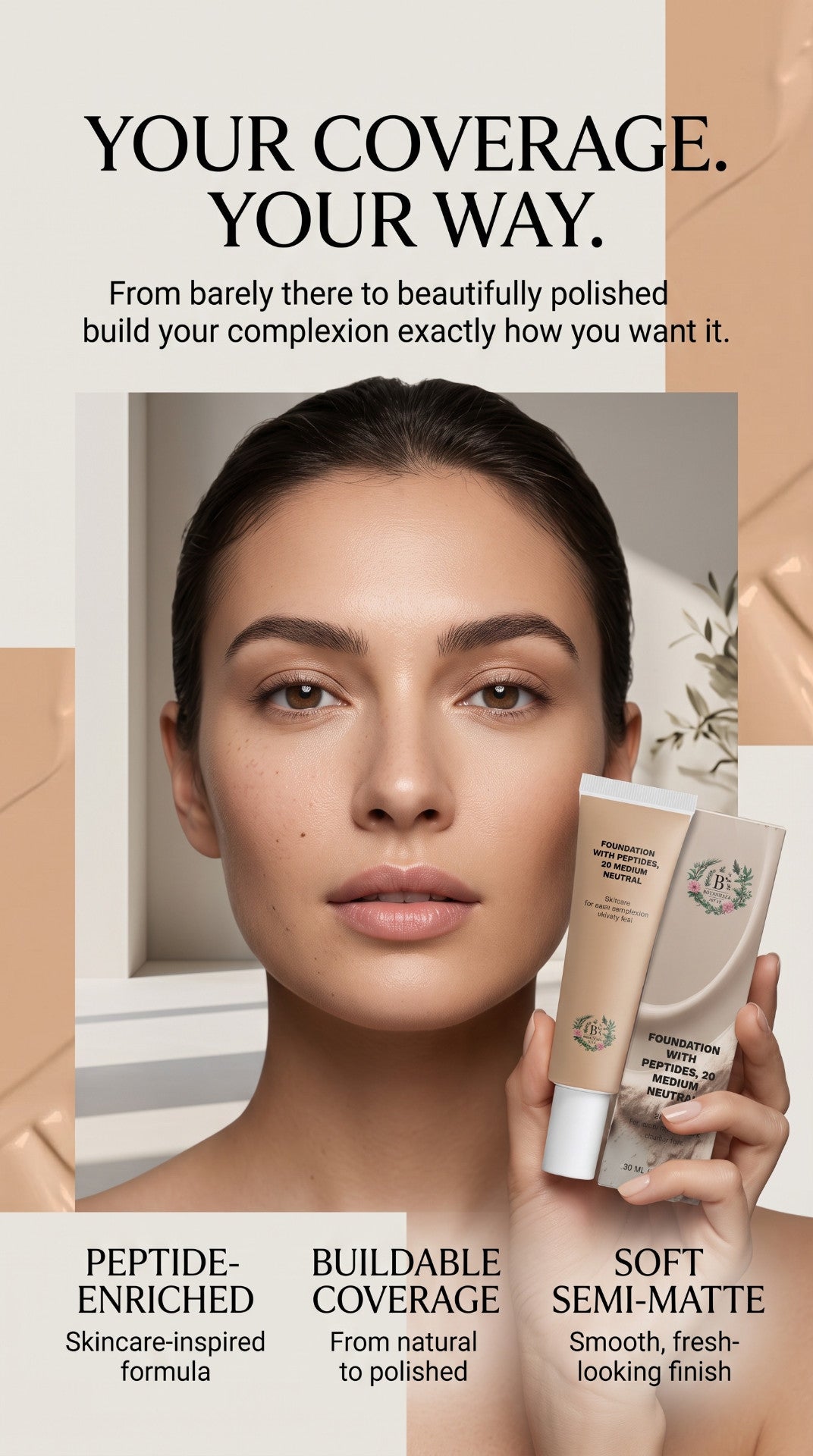 Skincare-inspired peptide foundation with soft semi-matte finish for smooth fresh-looking skin