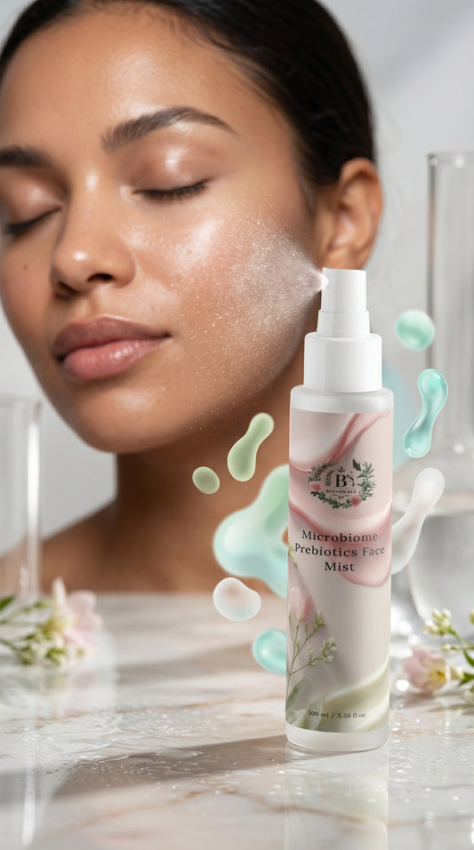 Microbiome prebiotics face mist for hydration and skin barrier support in a COSMOS Natural vegan skincare formula