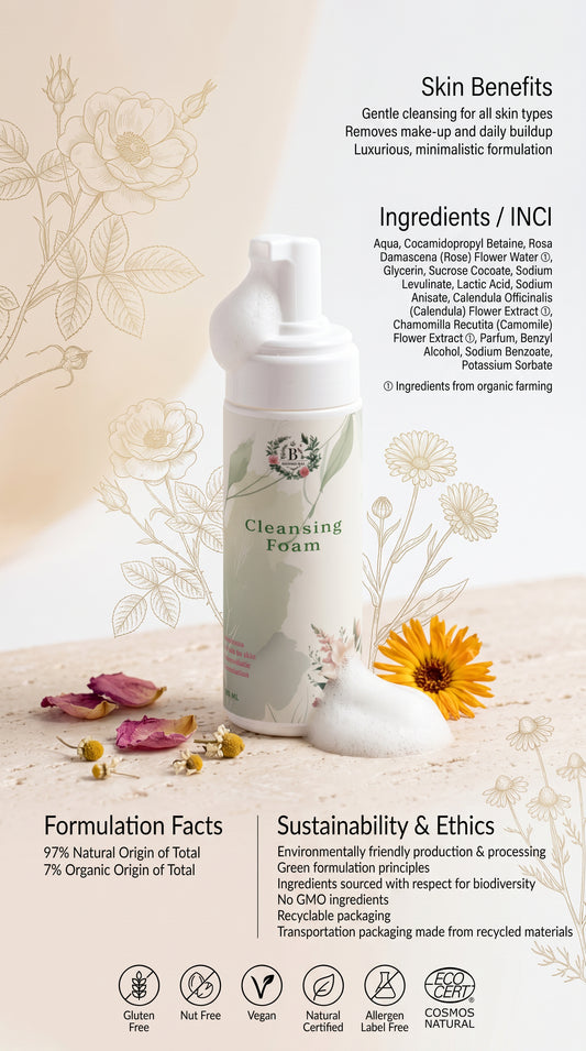 Cleansing foam bottle with skincare benefits and ingredients listed on a floral background