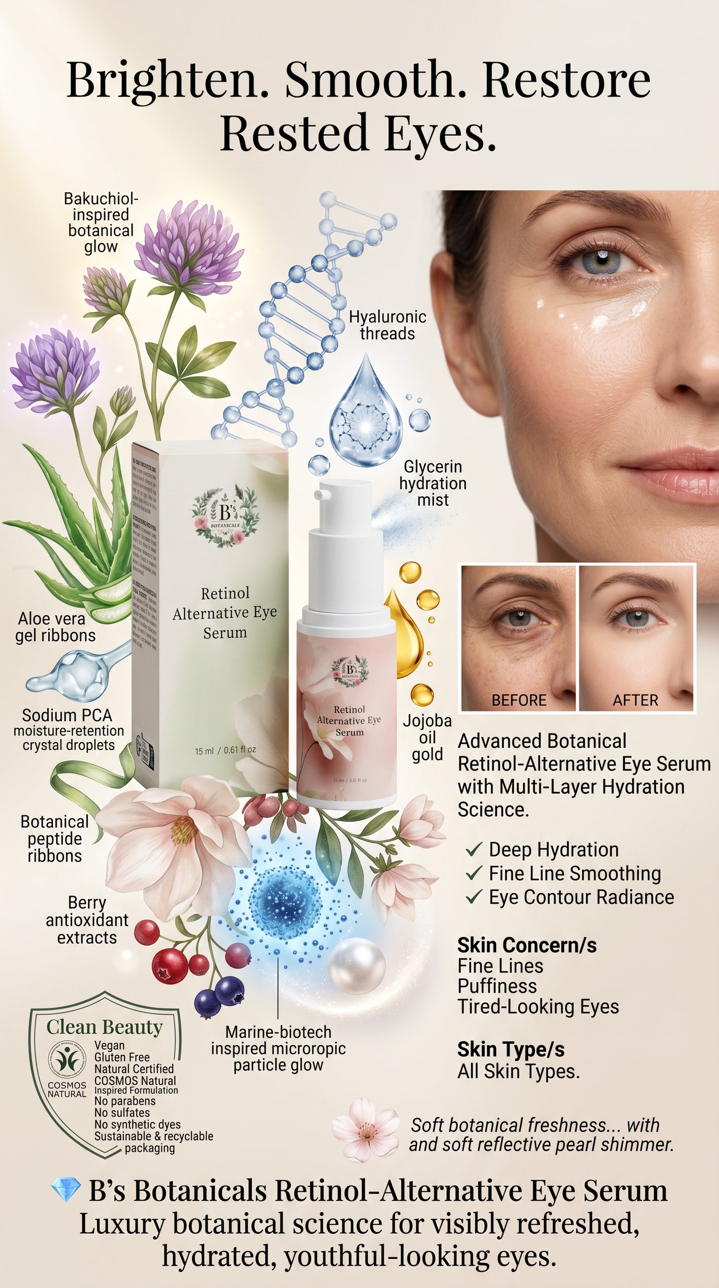 Advertisement for B's Botanicals Retinol-Alternative Eye Serum with botanical elements and before-and-after effects.