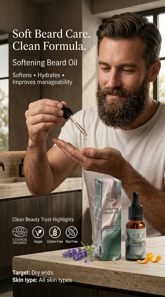 Man applying softening beard oil with product packaging on a counter.