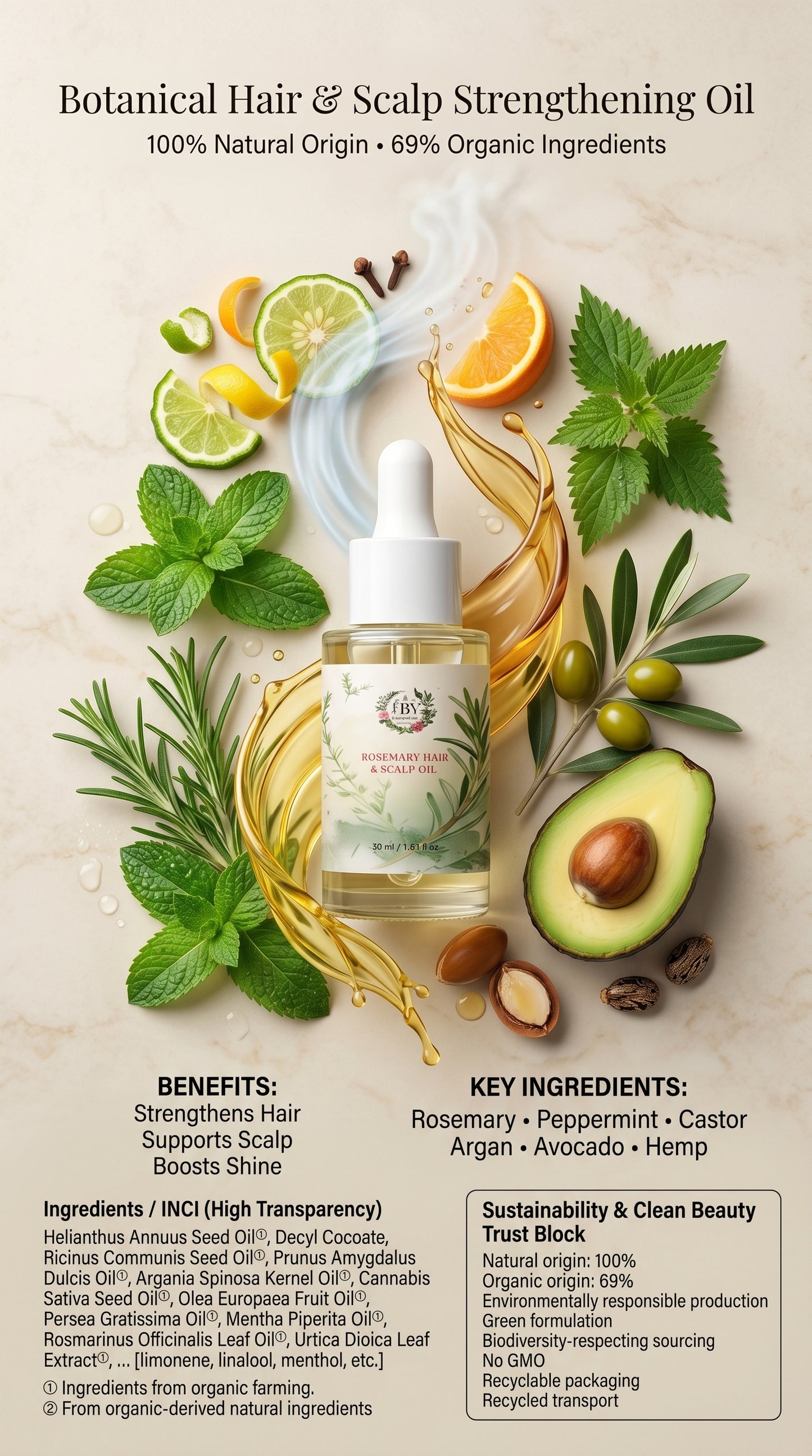 Botanical hair and scalp strengthening oil with ingredients and benefits displayed.