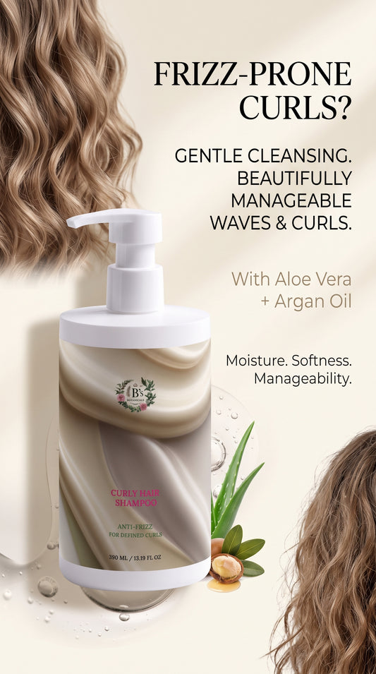 Natural waves and defined curls featured in a botanical curly haircare campaign by B’s Botanicals.