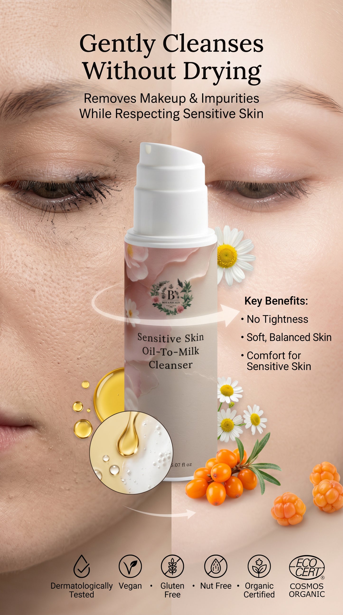 Product advertisement for a sensitive skin cleanser with text and images of a woman's face and natural elements.