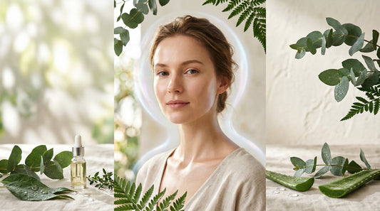A woman with glowing skin surrounded by botanicals