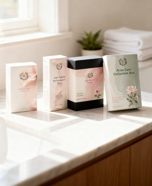Botanical skincare collection box with complementary daily routine products