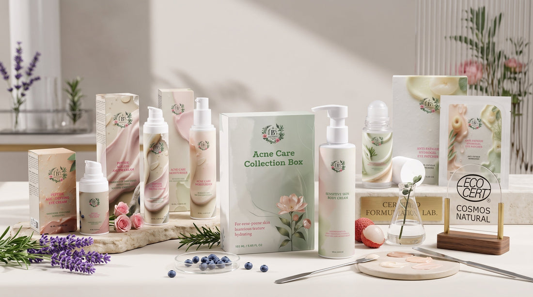 B's Botanicals COSMOS certified skincare products — Collagen Boost Serum, Peptide Anti-Aging Serum and SPF50 Tinted Sunscreen Stick arranged in a botanical flat lay