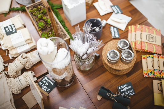 Natural botanical products on a flat lay surface.