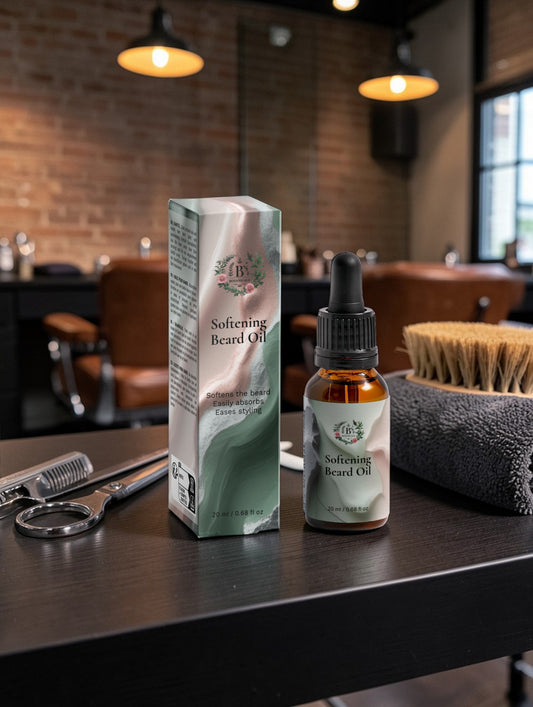 A premium beard oil on a barber shop shelf