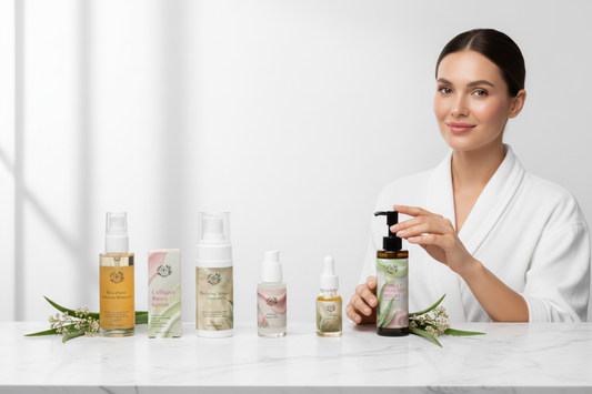 B's Botanicals 5-step skincare routine products with woman in clinical setting — cleanser, remover, serum, facial oil and body oil.