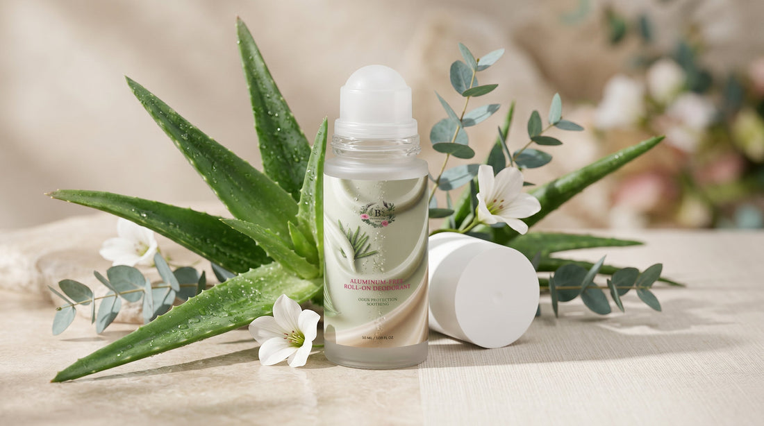 Aloe Vera roll-on deodorant with botanical ingredients for soothing daily underarm care.