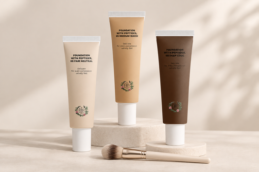 B’s Botanicals Foundation with Peptides in 05 Fair Neutral, 25 Medium Warm and 50 Deep Cool, displayed with a makeup brush.