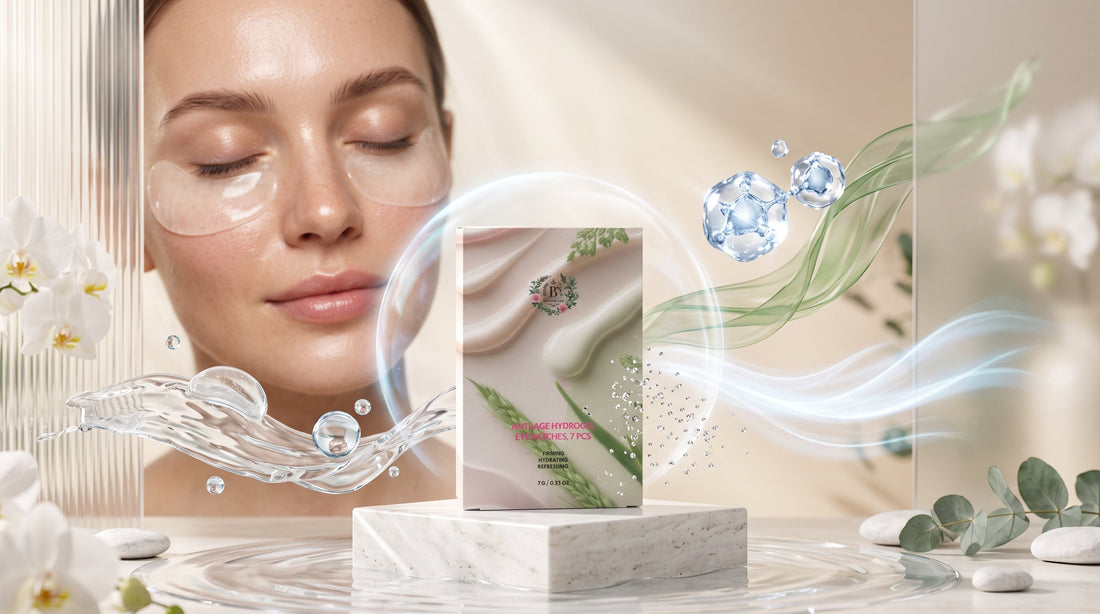 Anti-Age Hydrogel Eye Patches displayed in a luxury skincare setting, helping hydrate the under-eye area while reducing the appearance of puffiness, dark circles, and fine lines.