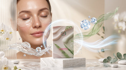 Anti-Age Hydrogel Eye Patches displayed in a luxury skincare setting, helping hydrate the under-eye area while reducing the appearance of puffiness, dark circles, and fine lines.