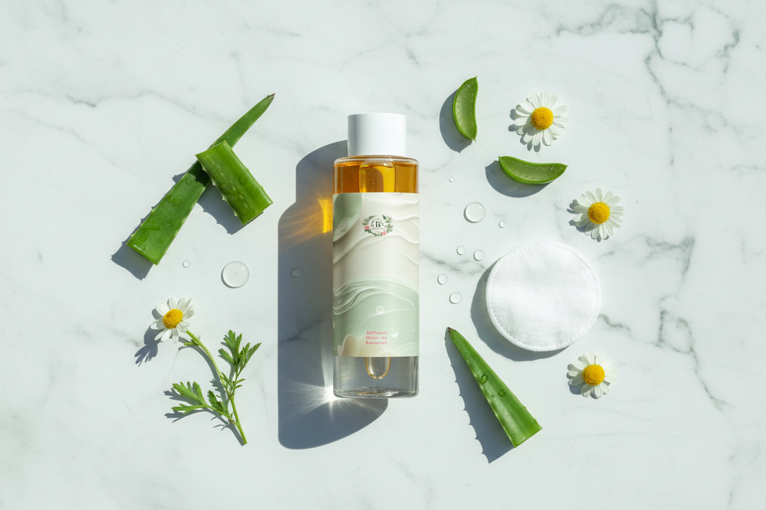 A botanical premium luxury cleanser surrounded by botanical herbs.