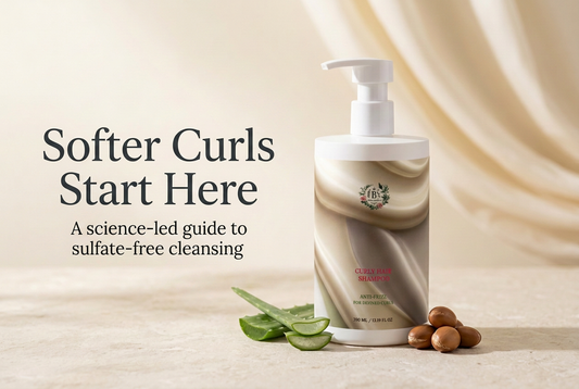 B’s Botanicals Curly Hair Shampoo with aloe vera and argan nuts, beside the headline “Softer Curls Start Here”