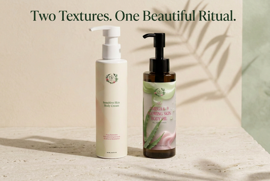 B’s Botanicals Sensitive Skin Body Cream and Omega 6-9 Body Oil beneath the headline “Two Textures. One Beautiful Ritual.”