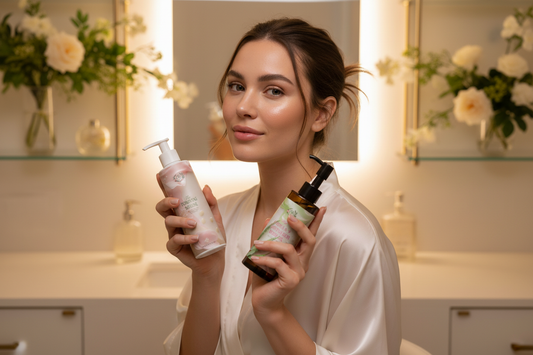 Purifying Mousse Cleanser and Omega 6–9 Glowing Skin Body Oil displayed together, showcasing a gentle cleansing and deep hydration skincare routine.