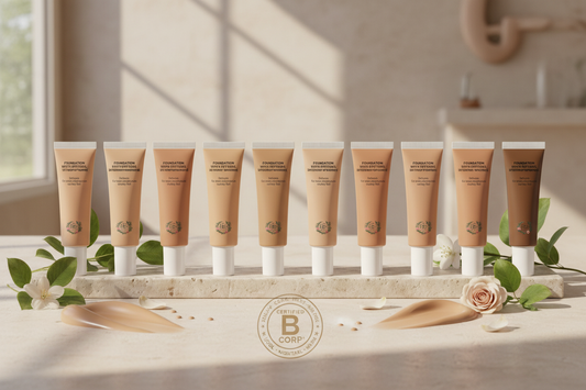 B's Botanicals Foundation with Peptides shade range displayed with botanical ingredients, representing clean beauty, B Corp standards and responsible skincare production