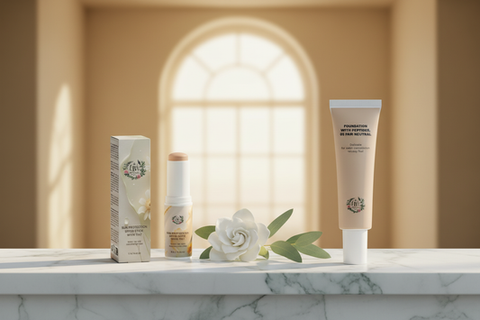 B's Botanicals Sun Protection SPF50 Stick with Tint and Foundation with Peptides arranged on white Carrara marble in golden-hour light — COSMOS certified mineral SPF and peptide skincare makeup by B's Botanicals