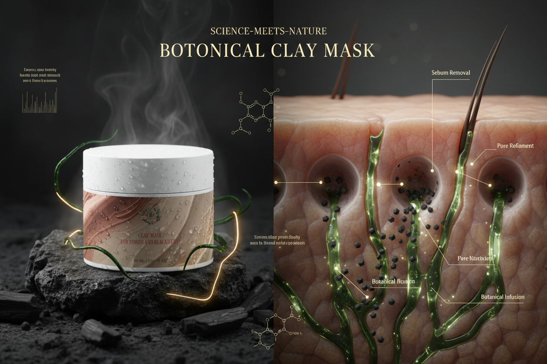 Clay mask for pores and blackheads with natural mineral and botanical ingredients designed to deeply cleanse skin, absorb excess oil, and improve skin clarity and texture.