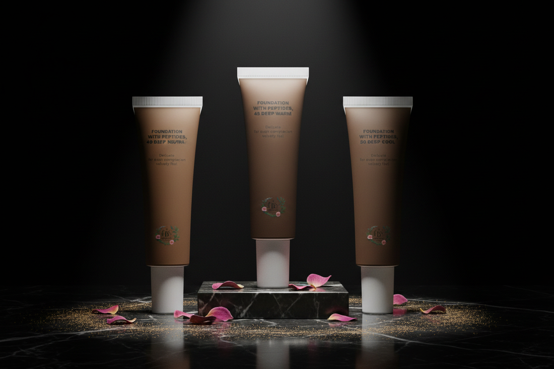 B's Botanicals Foundation with Peptides deep shades – 40 Deep Neutral, 45 Deep Warm and 50 Deep Cool – COSMOS NATURAL certified mineral foundation for deep skin tones
