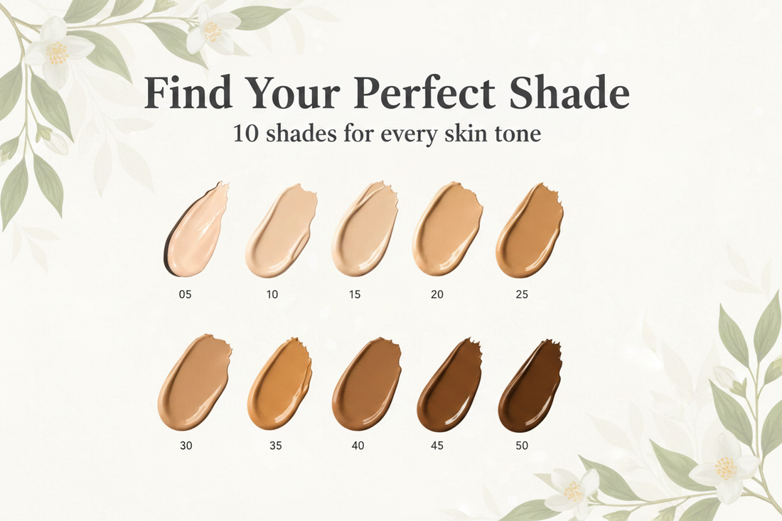 Foundation shade swatches ranging from shade 05 (porcelain) to shade 50 (deep espresso), displayed in a row on a white background with the text 'Find Your Perfect Shade – 10 shades for every skin tone.