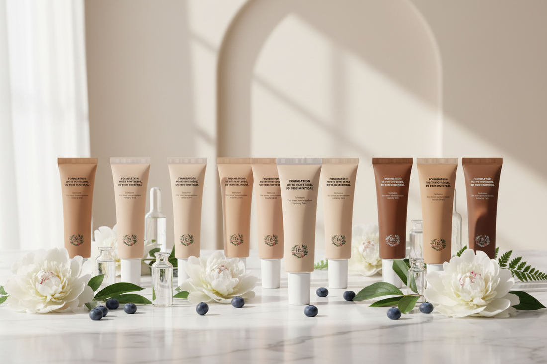 B's Botanicals Foundation with Peptides tubes arranged across the full shade range from fair to deep, surrounded by white peonies, blueberries and botanical leaves on a marble surface — COSMOS NATURAL certified peptide foundation